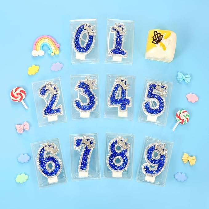 Blue Birthday Candle Crown Number Candle with Sequins Cake Candles Cupcake Decorations Party Decor for Anniversary Celebrations Supplies