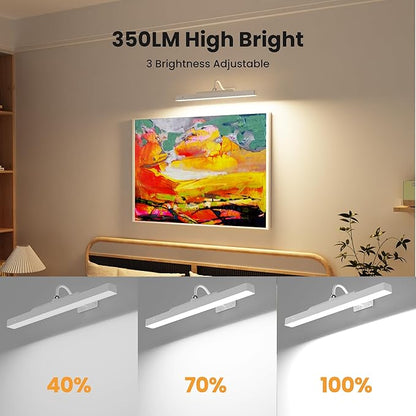 Rechargeable Picture Light for Wall Art White - 3 Color Temperatures,Remote Control & Adjustable Angle Wall Mount Battery Operated Wall Light for Paintings,Gallery,Frames,Photos (13H Runtime, 350LM)