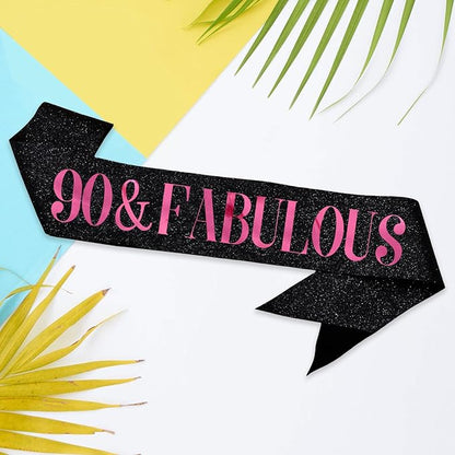 90 & Fabulous Sash, Funny 90th Birthday Sash for Women 90th Bday Party Photo Prop Favors Suppiles, Pink Foil Letter, Glitter Black