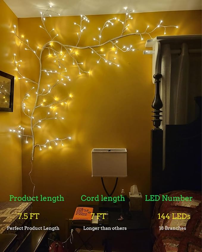 2PCS Enchanted Willow Vine Lights with Remote, Christmas Swags Decorations Indoor Room Decor, 18 Branches 144 LEDs 7.5FT Lighted Willow Vine Lights for Walls Bedroom Home Decor, White