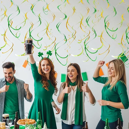 BEISHIDA Green Gold Hanging Swirls Party Decorations Plastic Streamer for Dinosaur Theme Birthday Graduation St. Patrick’s Day Jungle Party Decorations, Pack of 24