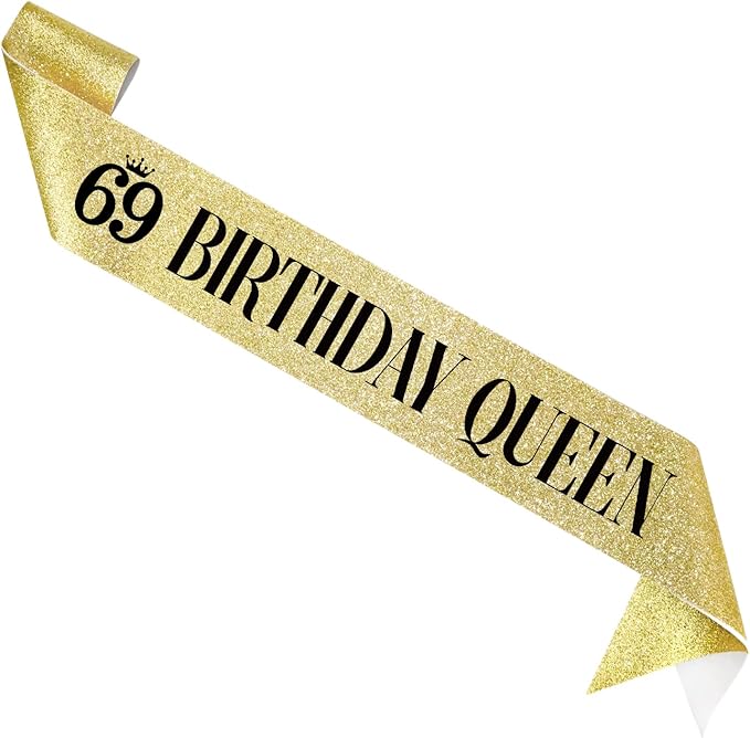 69 Birthday Queen 69th Birthday Sash for Women, Gold Glitter Sash with Black Foil