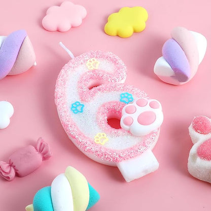 AKURIEEY Dog and Cat 6th Birthday Candle Pink Numbers 6 Candle Paw Cake Topper Cupcake Decorations for Pet Theme Party Decor Anniversary Celebrations Supplies
