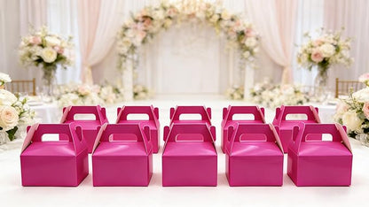 XAGLVV 24 Pack Hot Pink Paper Gable Boxes,6.2 Inch Candy Boxes with Handle, Snack Party Favor& Gift Cookie bags for kids Birthday,Wedding, Baby Shower, Graduation.