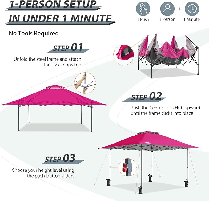 EAGLE PEAK 13x13 Straight Leg Pop Up Canopy Tent Instant Outdoor Canopy Easy Single Person Set up Folding Shelter w/Auto Extending Eaves 169 Square Feet of Shade (Deep Pink)