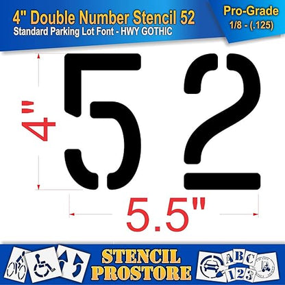 Pavement, Curb, and WheelStop Stencils - 4 inch Double Number Stencil - (52) - 4" x 5.5" x 1/8" (128 mil) - Pro-Grade