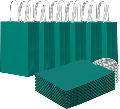 qiqee 24PCS Small Gift Bag with Handles Bulk 8.3"x6"x3" Gift Bags Deep Green Bags Multiple Uses (Small Size)