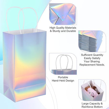 Abeillo 48 Pcs Reusable Paper Gift Bags with Handle, Iridescent Gift Bag Glossy Holographic Goodie Bag Gifts Handbag Bulk for Baby Shower Christmas Birthday Party Favor, 8.3 x 4.7 x 3.1 Inch