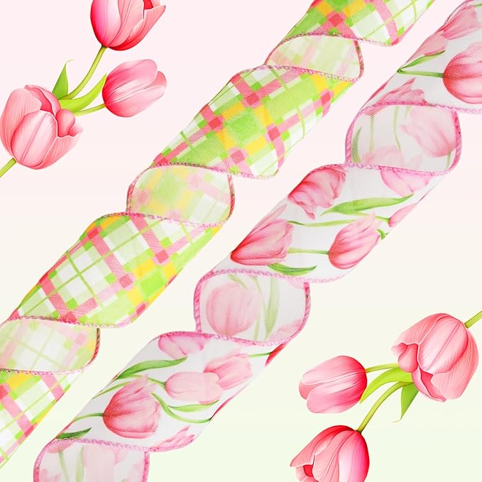 2 Rolls Pink Tulip Wired Ribbon - 2.5 Inch Wide, 10 Yards Total, Elegant Tulip Floral for Wedding Decor, DIY Crafts & Gift Wrapping, Romantic Pink Wired Edge Ribbon