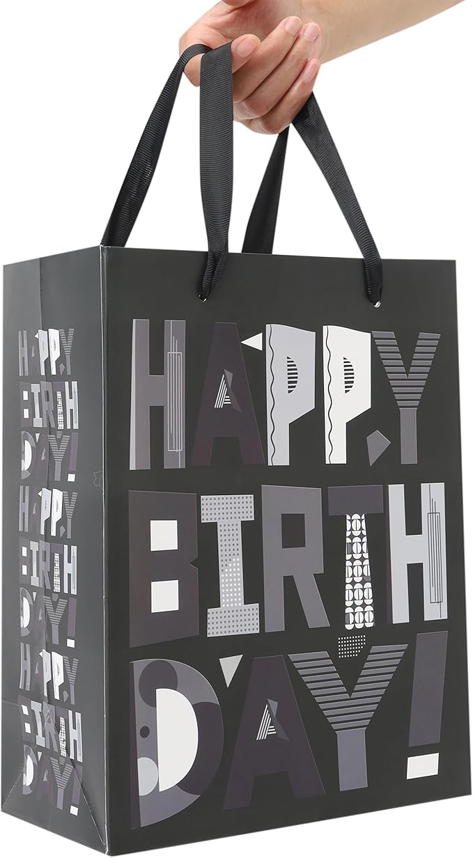 wishinside 2-Pack 10.6” Medium Black Happy Birthday Gift Bag Set with Greeting Cards and Tissue Papers for Men Boys Kids Teens, Cartoon Birthday Design, 2 Pcs