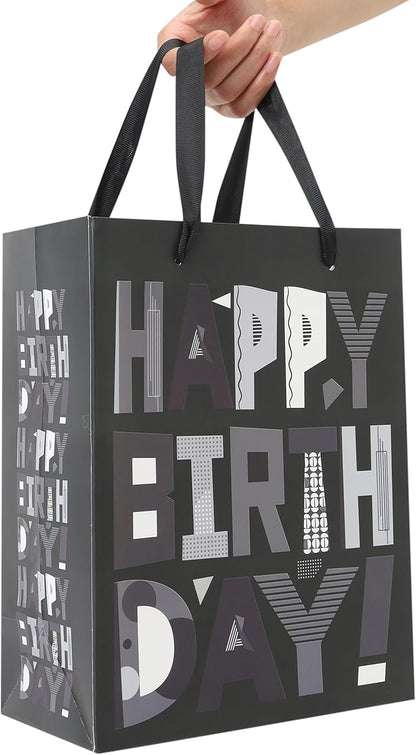 wishinside 2-Pack 10.6” Medium Black Happy Birthday Gift Bag Set with Greeting Cards and Tissue Papers for Men Boys Kids Teens, Cartoon Birthday Design, 2 Pcs