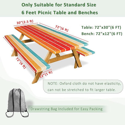 Picnic Table Cover with Bench Covers Camping Essentials Outdoor Reusable Waterproof Tablecloth with Storage Bag, Fitted Rectangle Tables and Seats, 72in, Orange Blue Rainbow