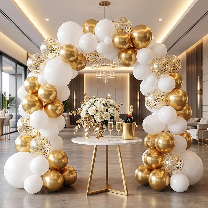 60pcs White and Gold Balloons Kit, 12 Inch Chrome Metallic Gold White Gold Confetti Latex Balloons Set for Class of 2026 Graduation, Baby Bridal Shower Wedding Birthday Party Supplies