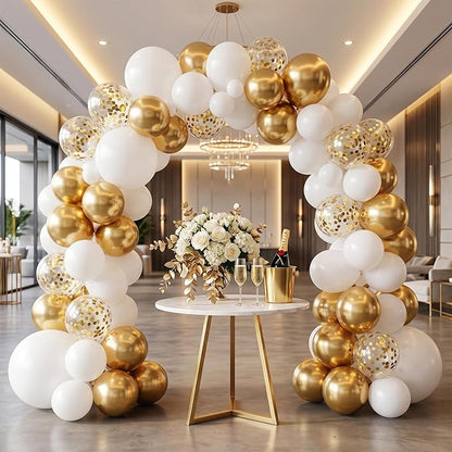 60pcs White and Gold Balloons Kit, 12 Inch Chrome Metallic Gold White Gold Confetti Latex Balloons Set for Class of 2026 Graduation, Baby Bridal Shower Wedding Birthday Party Supplies
