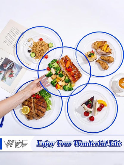 WDF 12 Inch Disposable Charger Plates - 25Pack Plastic Clear and Blue Charge Plates Perfect for Passover/Easter/Dinner/Wedding/Party/Elegant Tabletop Decor