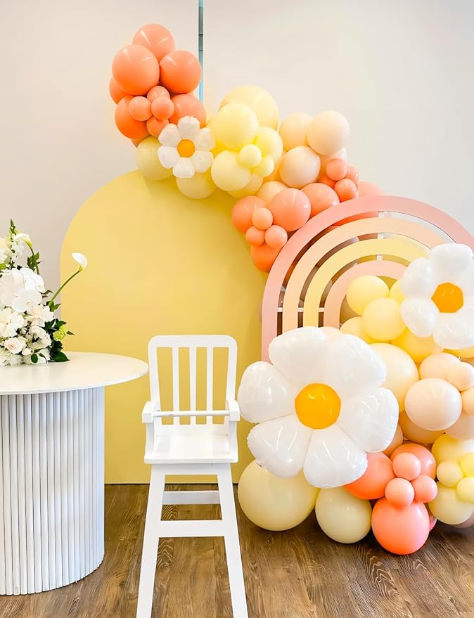 Boho Daisy Balloon Arch Garland Kit, 136Pcs Groovy Balloons Set with Pink Yellow Orange Nude Balloon, Daisy Flower Balloons for Two Groovy Birthday Baby Shower Wedding Party Decorations