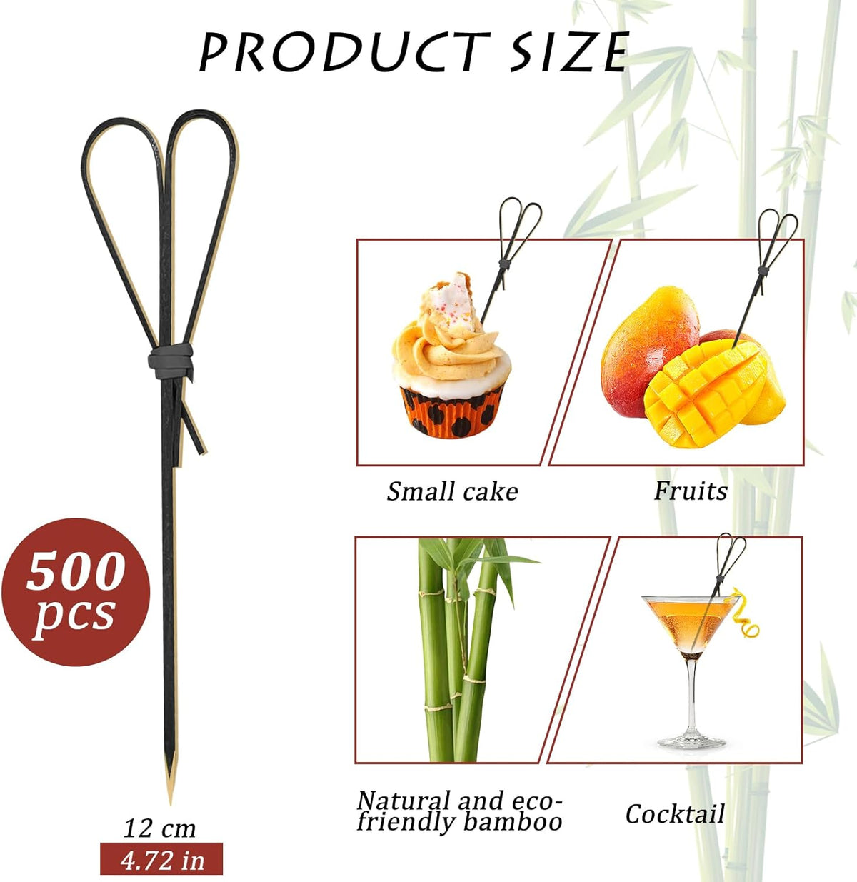 500 Pieces Black Heart Shaped Bamboo Sticks Long Toothpicks for Appetizers Cocktail Picks for Drinks 4.7 Inch Bamboo Skewers for Appetizers Charcuterie Boards Accessories