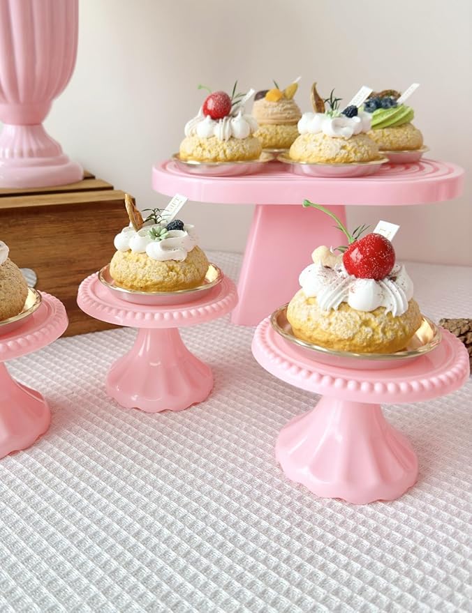 Plastic Dessert Table Display Set of 6, 3 Pcs 9 inch cake Stand, 3 Pcs 4 inch Mnini Cupcake Holder, cupcake tray, Versatile Design for Birthday, Tea Party, Wedding. (pink)