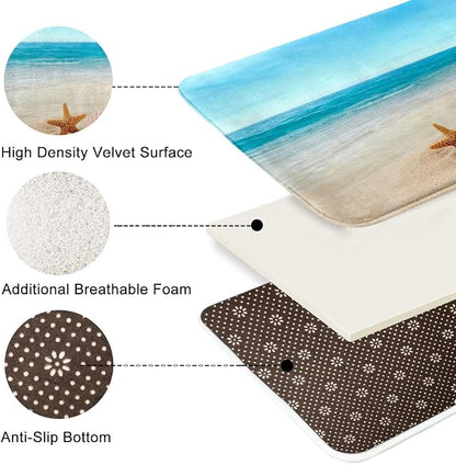 Britimes Bath Mat for Bathroom, Blue Beach Starfish Sea Washable Cover Floor Rug Carpets Floor Mat Bathroom Decorations 18x30 Inches for Kitchen Bedroom Indoor