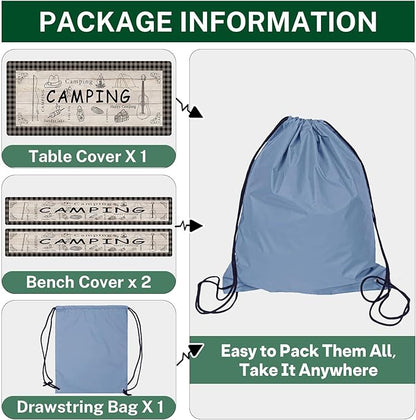 Picnic Table Cover with Bench Covers Elastic Edges, Blue Camper Fitted Table Cover, Outdoor Patio Camping Essentials 72 Inch 3PCS, Waterproof Camping Fitted Tablecloth with Drawstring Bag