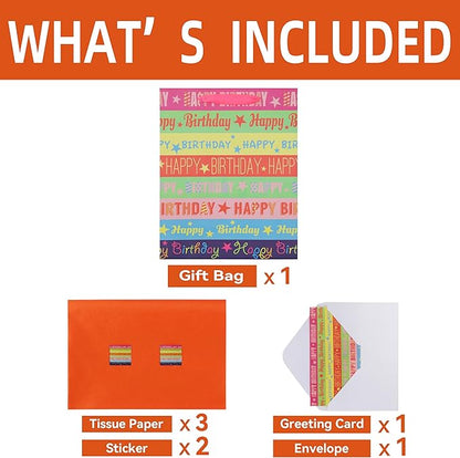 Qirrmiy 13'' Large Happy Birthday Gift Bag Set with Handles, Greeting Card, Tissue Papers and Stickers for Girls Women Kids Teens Boys Men, Words Design, 1 Pcs