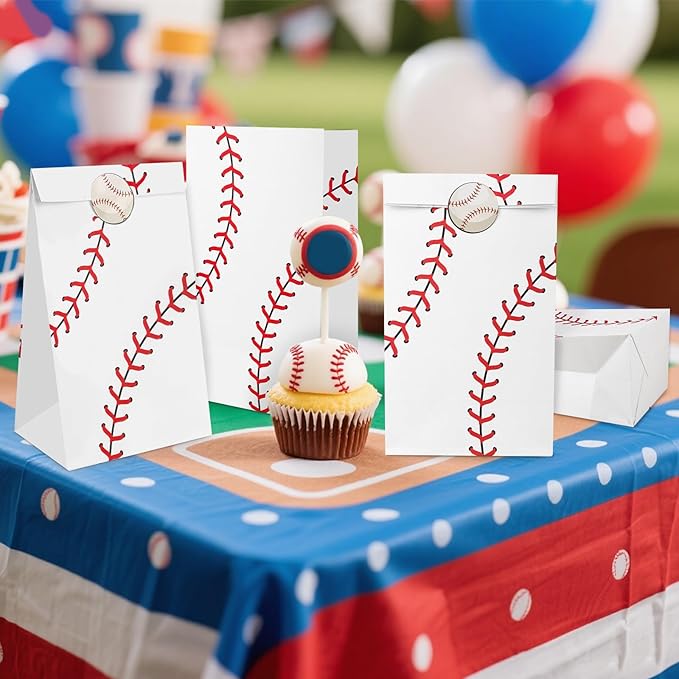 Fowecelt 24 Packs Baseball Gift Bags Baseball Goodie Snack Candy Paper Treat Bag with Stickers for kids Boys Girls Birthday Party Favor Baby Shower Sclool Classroom Team Decoration Supplies