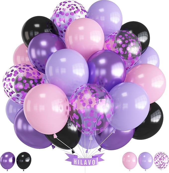 Purple Pink Balloons 12 Inch Purple Pink Black Balloons 35 Pcs Mermaid Halloween Balloon Set with Metallic Confetti Balloon for Girls Wedding Bride Shower Baby Shower Birthday Party Decorations
