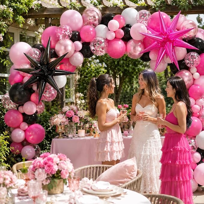 Pink and Black Balloons, 12 Inch Hot Pink and Black Party Decorations with Confetti Metalic Balloon Star Foil Balloons for Mouse Theme Birthday Wedding Bridal Shower Party Decoration
