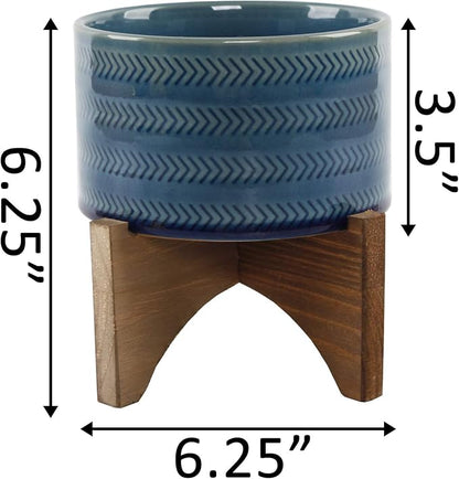 Flora Bunda 5 Inch Arrow Ceramic Planter on Wood Stand Mid Century,Glass Teal 5"