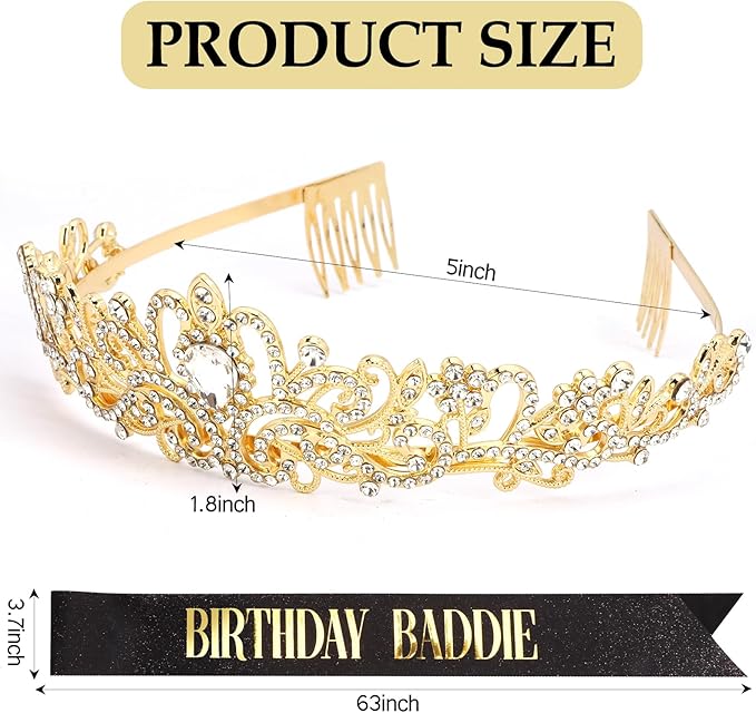KICOSY 3PCS Birthday Baddie Sash, Crystal Crown and Sunglasses Funny Baddie Outfits Birthday Party Accessories