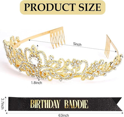 KICOSY 3PCS Birthday Baddie Sash, Crystal Crown and Sunglasses Funny Baddie Outfits Birthday Party Accessories
