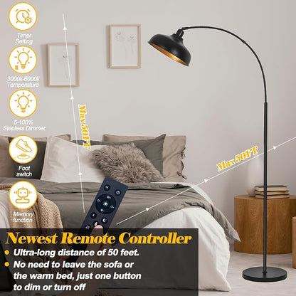 Arch Floor Lamps with Remote - Dimmable Floor Lamp 70”, Black Tall Lamp with 360° Adjustable Hanging Metal Shade, Arc Lamps Floor Standing with 9W Bulb, Over Couch Lamps for Living Room, Foot Switch