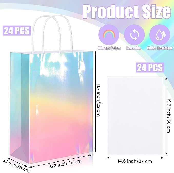 MIMIND 24 Pack Iridescent Paper Gift Bags with Handles Holographic Party Favor Bags with Tissue Paper 8.7 x 6.3 x 3.1 Inch Glitter Gradient Pink and Blue Goodie Candy Bag for Wedding Birthday Parties