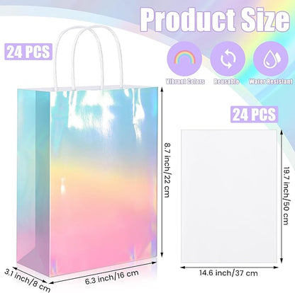 MIMIND 24 Pack Iridescent Paper Gift Bags with Handles Holographic Party Favor Bags with Tissue Paper 8.7 x 6.3 x 3.1 Inch Glitter Gradient Pink and Blue Goodie Candy Bag for Wedding Birthday Parties