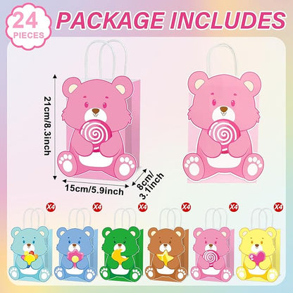 MinFyberd Cute Bear Party Favor Bags Cute Bears Paper Gift Bags with Handle Bear Goodie Candy Treat Bag Colorful Bears Birthday Party Decorations for Boy Girl Kids Birthday Baby Shower Supplies(24Pcs)