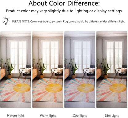 9x12 Boho Sun Area Rug Retro Orange Yellow Blue Beige Bedroom Rug Low Pile Thin Large Carpet Living Room Non Slip Dining Room Stain Resistant Office Washable Machine Classroom