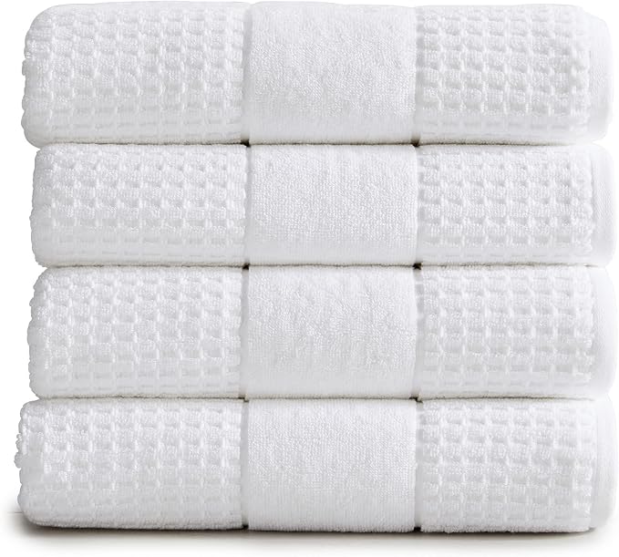 Market & Place 100% Cotton Super Soft Luxury Bath Towel Set | Quick-Dry and Highly Absorbent | Waffle Textured | 550 GSM | Includes 4 Bath Towels | Harper Collection (White)