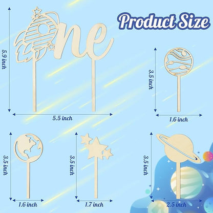 Birthday Cupcake Toppers Decorations - 5 Pcs Outer Space Wood ONE Cake Toppers Kids' 1st Birthday Baby Shower Party Cake Toppers Glitter Star Planet Cake Picks Decorations Featuring Food Safe