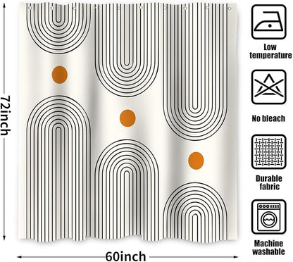 Boho Mid Century Shower Curtain, Modern Abstract Arch Sun Ivory Machine Washable Waterproof Fabric for Bathroom Decor Bathtub with 10 Hooks 60Wx72H