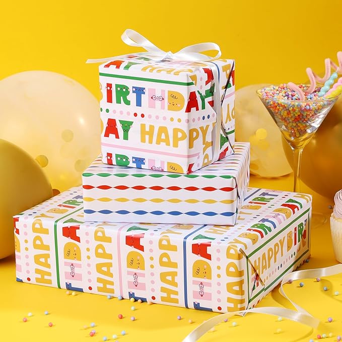 LaRibbons Birthday Wrapping Paper Roll - Colorful Happy Birthday Gift Wrap for Kids & Adults, Fun Party Design, Durable Gift Wrapping Paper for Birthday Presents