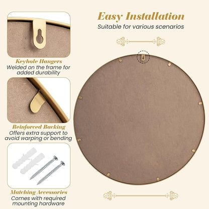 Tangkula 28" Gold Round Wall Mirror, Circle Decorative Modern with Beaded Frame for Living Room, Entryway, Fireplace, Bedroom, Vintage Mirror Wall Decoration