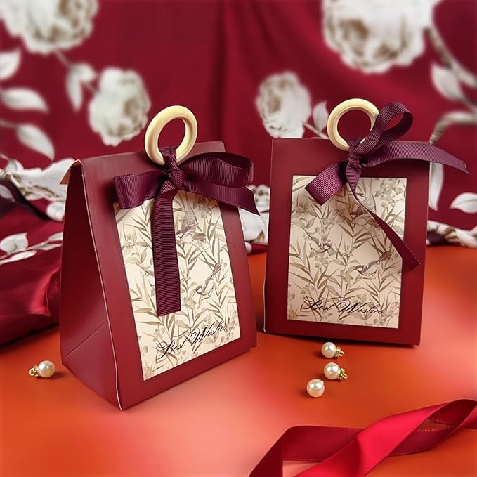 20PCS Mini Gift Bags, Bird & Flower Goodie Bags with Ribbon Handle for Party Favors Treat Boxes Wedding Bridal Baby Shower Birthday Party Presents 3.9"x2.6"x1.4"(Wine Red)