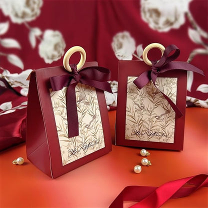 20PCS Mini Gift Bags, Bird & Flower Goodie Bags with Ribbon Handle for Party Favors Treat Boxes Wedding Bridal Baby Shower Birthday Party Presents 3.9"x2.6"x1.4"(Wine Red)