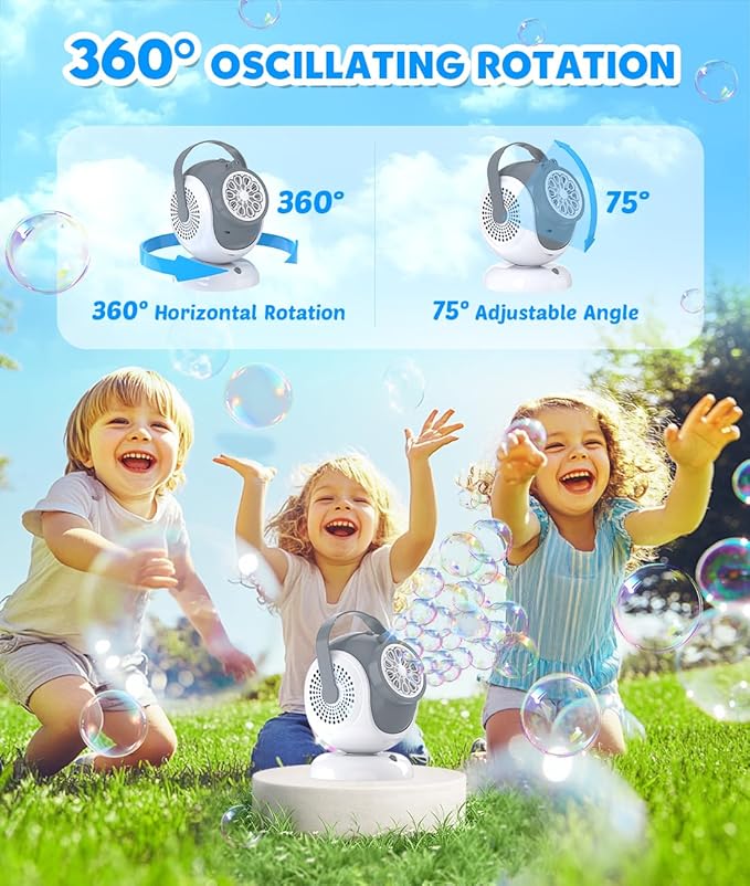 Rechargeable Bubble Machine - Auto 360° Rotation, 75° Tilt Range, 10 Large Wands - Bubbles Blower Maker for Kids, Toddlers, Outdoor Play, Wedding, Birthday, Parties, Gifts Toys for Boys, Girls