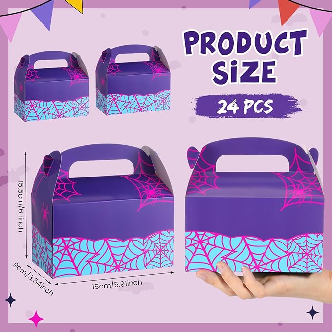 Marspark 24 Pack Purple Spider Web Cartoon Birthday Party Supplies, Paper Gift Boxes, Cartoon Candy Treat Boxes for Birthday Party Decorations(Purple Spider Pattern)