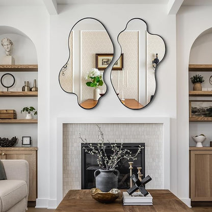 Irregular Wall Mirror, 30"x18" Asymmetrical Decorative Accent Mirror with Black Metal Frame, Organic Shape Mirrors for Entryway Bedroom Living Room, Horizontal or Vertical Hanging
