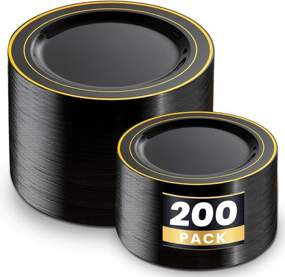 WDF 200PCS Black and Gold Plastic Plates - Black Plates Disposable for Party - Heavy Duty Plastic Plate for New Year