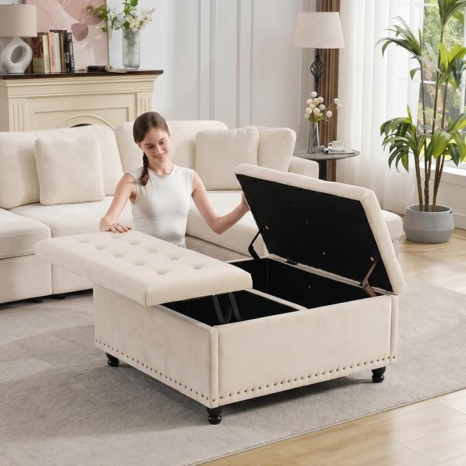 Tbfit Large Square Storage Ottoman Bench, Tufted Upholstered Coffee Table