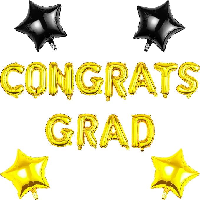 CONGRATS GRAD Gold Balloon Gift Set - Perfect Graduation Gift - Complete 19-Piece Party Kit with 16” Letters + 18" Stars - Ready-to-Give Celebration Package 2026