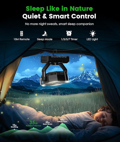 Camping Misting Fan - Portable Rechargeable Fan with 8.9oz Tank, Light, Hook - Battery Power 120H MAX Working, Fast Cooling, 4 Speed, Timer, Sleep Mode, for Outdoor, Travel, Patios, Beach